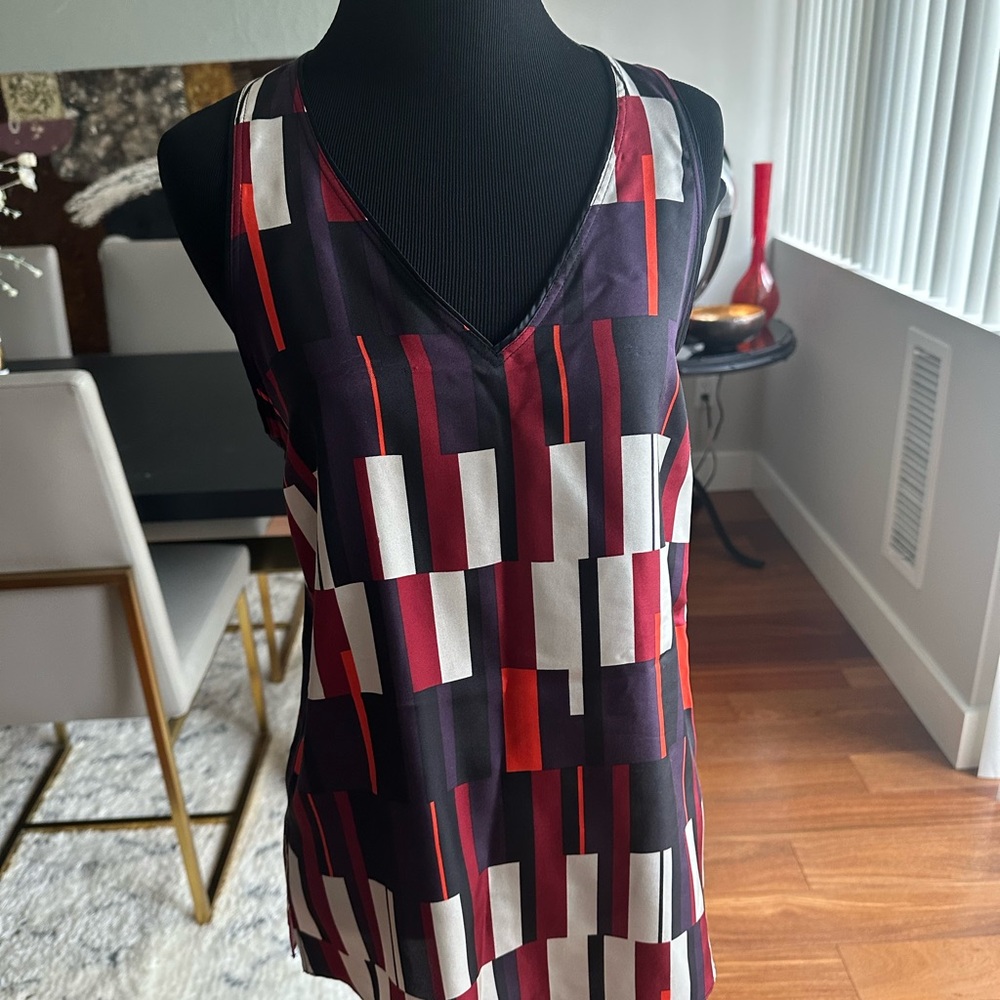 Rag & Bone Silk Red and White Graphic Sleeveless Tank Top